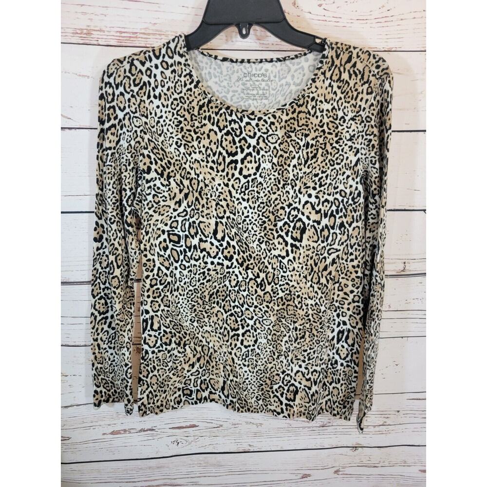 Chico's‎ Tan Black Leopard Print Rayon Blend Long Sleeve Top Women's Size 0 (S)